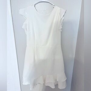 Never worn ivy & leo, women’s large, white, ruffled sleeves, V-back, mini dress
